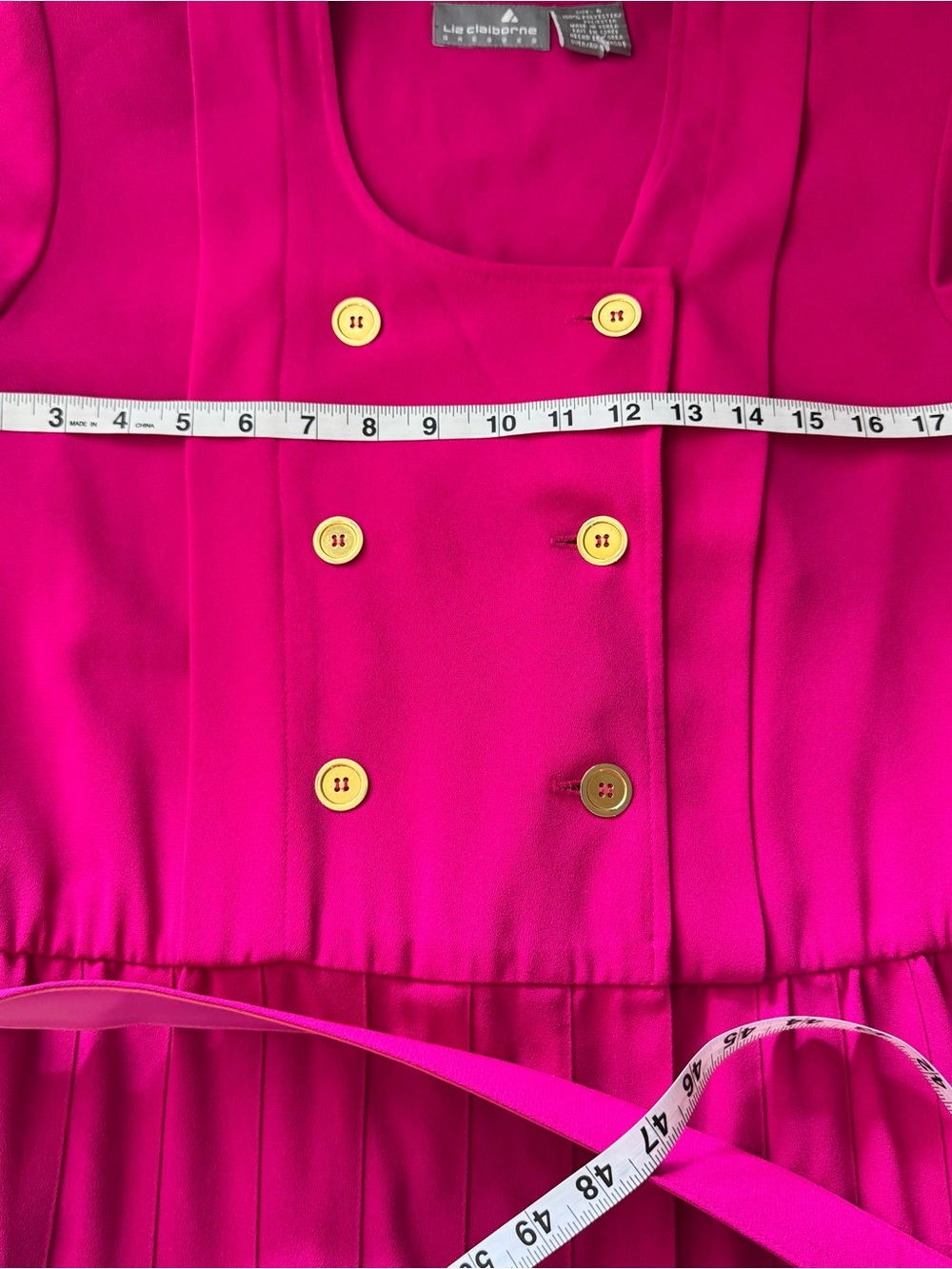 Vintage 90s Pink Pleated Dress Shoulder Pads Gold Buttons Belted Midi - Picture 7 of 11